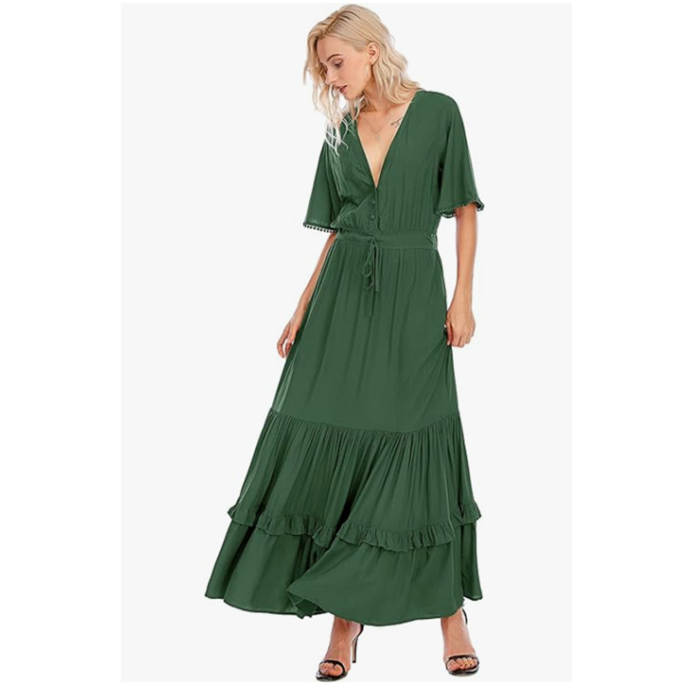 R.Vivimos Womens M Cotton Short Sleeve V-Neck Print Casual Bohemian Midi Dresses